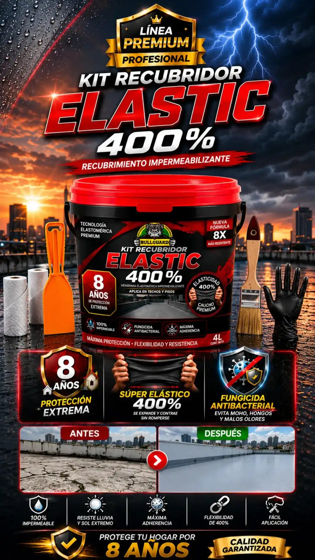 KIT LITRO RECUBRIDOR ELASTIC 400 + BROCHA + 2 MALLAS + ESPATULA + GUANTES F1